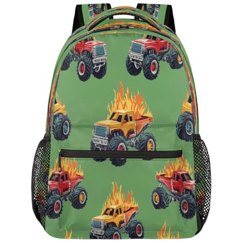 Monster Trucks Fire Pattern Kids Backpack, Lightweight School Bookbag Large Capacity Laptop Backpack Water Resistant Daypack Shoulder Bag for Teenager Boys Girls