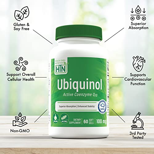 Image of Health Thru Nutrition Ubiquinol 100mg 60 Softgels as Kaneka QH Reduced CoQ-10 | Stabilized - 3rd Party Tested | Enhanced Bioavailability | Cardiovascular & Mitochondria Function Support | Non-GMO
