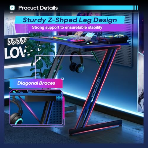 Image of BestOffice Gaming Desk 35 in PC Computer Desk Z Shaped Gaming Workstation Ergonomic Gaming Table with Headphone Hook for Home Office,Black&Blue