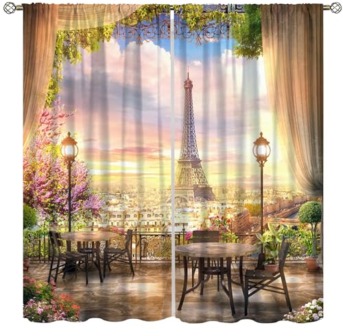 Paris Eiffel Tower Decor Curtain Romantic European City Landscape Bedroom Curtains Waterproof Fabric for Living Room Bedroom Kids Room Darkening Curtain Set 2 Panels,42x45 Inches
