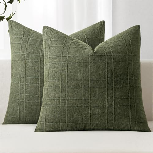 Image of MIULEE Decorative Linen Check Throw Pillow Covers Neutral Farmhouse Vintage Spring Pillow Covers 18x18 Set of 2 Boho Modern Home Decor for Sofa Couch Bedroom Cushion Dark Olive Green