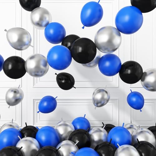 Image of Black Blue Silver Link Balloons,60Pcs 6Inch Blue Silver Latex Linking Balloons for Birthday Baby Shower Wedding Anniversary Party Decorations
