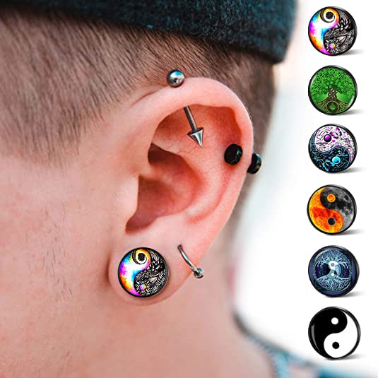 SIISPRI 6Pairs YinYang Mens Earrings Set Hypoallergenic Surgical Stainless Steel Round Circle Button Stud Post Earrings 10MM2