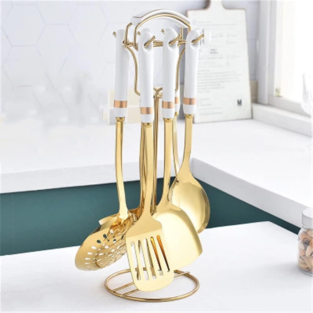 Nordic style Stainless Steel Cookware Kitchenware Sets kitchen Tools Ceramic Handle Hook Up Storage Metal Shovel Spoon (Color : 02)