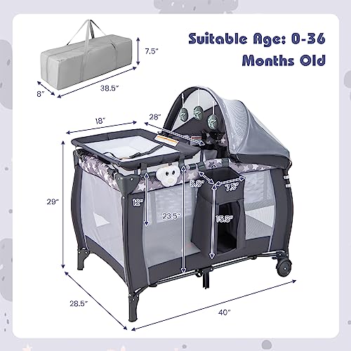 Honey Joy Pack And Play, 4-In-1 Foldable Nursery Center With Full-Size Infant Bassinet & Diaper Changer, Portable Toddler Crib W/Mattress & Net, Music Box, Toys, Baby Playard W/Carry Bag, Gray #TOP7