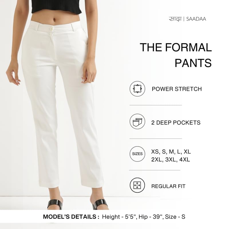 Image of SAADAA Women Pants Formal Straight Fit Cotton Satin Lycra Pant, Regular Fit Trouser for Office Work & Casual wear- Mid Rise, Elasticated Waistband, 4 Deep Pockets