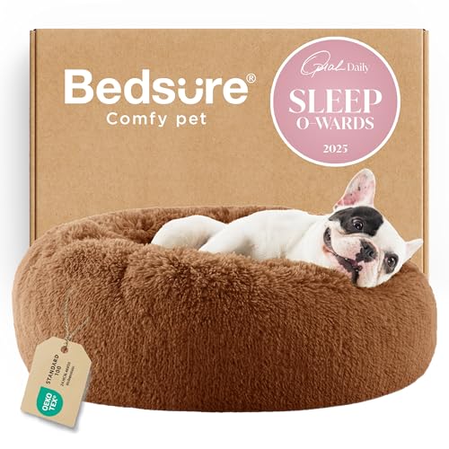 Image of Bedsure Calming Dog Bed for Small Dogs - Donut Washable Small Pet Bed, 23 inches Anti-Slip Round Fluffy Plush Faux Fur Large Cat Bed, Fits up to 25 lbs Pets, Copper