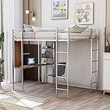 Full Loft Beds Metal Bed Frame Loft Bed with Desk and Bookcase, Full Size Loft Bed for Dorm, Boys & Girls Teens Kids, Silver