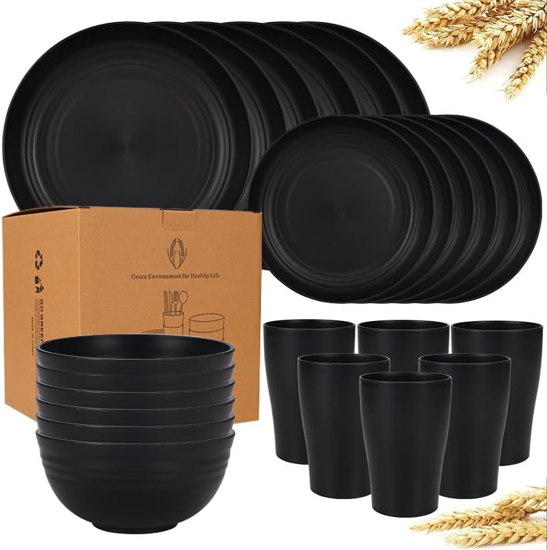 AGH 24 Piece Plates and Bowls Sets, Unbreakable Dinnerware Sets, Plastic Dish Set for Camping, Dishwasher Microwave Safe, Outdoor Kitchen and Apartment Dinning RV Essentials