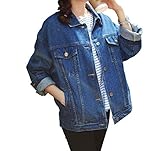 Loose Women Blue Washed Pocket Button Boyfriend Denim Jacket Coat(L-Chest 44'', Blue)