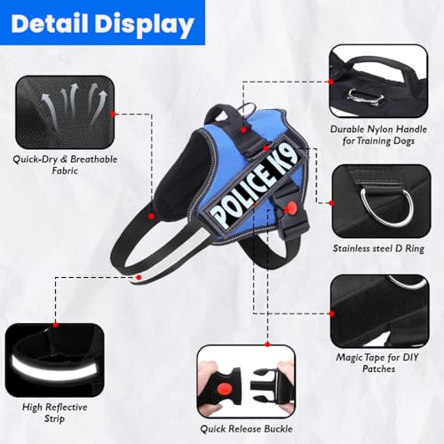 Image of Berlin's Police K9 Dog Harness with Leash, Dog Vest with Handle, Reflective Adjustable No-Pull Harness for Dogs Heavy Duty Nylon, for Training, Patrol, Hiking (Blue, XL (36Kg Above))