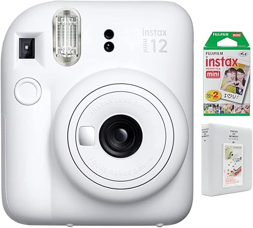 Fujifilm 16806274 Cámara instantánea Instax Mini 12, paquete blanco arcilla con Instax Mini Twin Pack Formato de imagen Película instantánea de luz