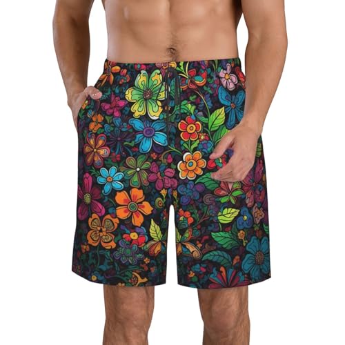 Men's Swim Trunks Cartoon Flower Quick Dry Board Shorts Mens Bathing Suit Beach Swimwear with Pockets