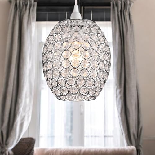 Loxton Lighting - Oval Crystal Pendant Light Shade Clear Jewels with Modern Chrome Hanging lamp - EasyFit ES/BC Shade Ring Ceiling Light for Bedrooms, Lounges, Halls, Kitchens (1)