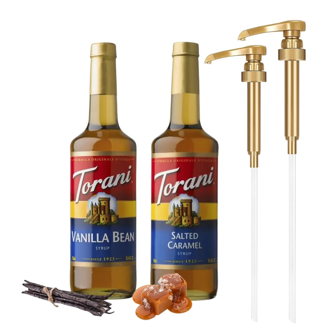 Coffee Syrup Variety Pack - Vanilla Bean & Salted Caramel Syrup for Coffee with 2 Jimoco Syrup Pump Dispenser Compatible with 25.4 Ounces Syrup Bottle for Vanilla Bean & Salted Caramel Flavored