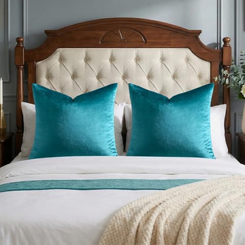 Image of GIGIZAZA Decorative Throw Pillow Covers 16x16,Peacock Green Square Couch Pillow Covers,Velvet Sofa Boho Cushion Pillows