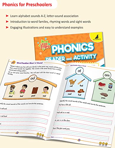 Image of Woodsnipe Phonics Reader and English Activity book for Preschool Ages 3 to 6 Years| Worksheets on Vowels, Consonants, Rhyming Words, Letter Tracing and Colouring, Vocabulary, Sight words | Combo of 2