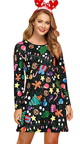 Womens Christmas Dress Long Sleeve Casual Fit and Flare Xmas Ugly Printed Costume Gingerbread L