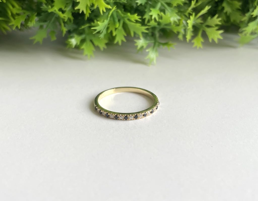 Alternate Black & White Diamond Half Eternity Wedding Band For Women, 14k Gold Finish Black Diamond Wedding Band, Ladies Alternate Diamond Ring