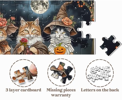 Rompecabezas para adultos de 1000 piezas: gatos brujas fantásticos con flores, escena mágica de otoño con calabaza y gatitos miniatura 5