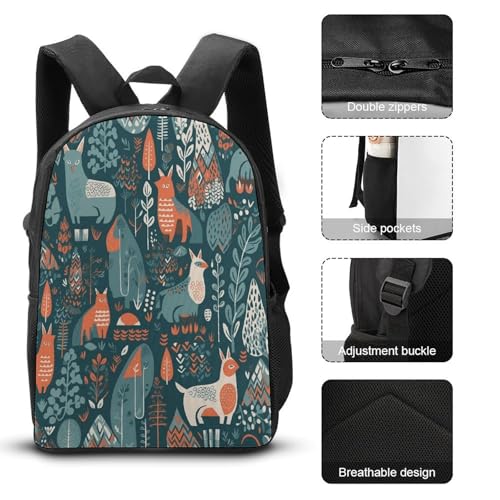 Printed Backpack With Lunch Pack Storage Box Case Scandinavian Animals 3pcs Lightweight Travel Backpack3