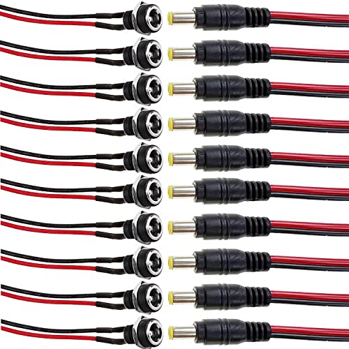 RUNCCI-YUN 5,5 mm x 2,1 mm DC Einbaubuchse, 12V Stecker Buchse DC Verbinder, DC-Hohlstecker, 10 Stück 5,5 mm x 2,1 mm DC Power Jack Socket mit Kabel, für Audio/Video/Handy/Überwachungskameras