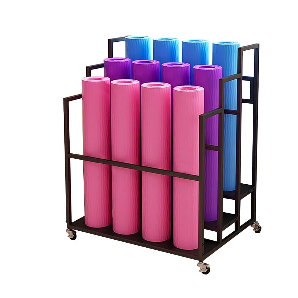 Soporte para Esterilla de Yoga, Estante de Almacenamiento de 3 Niveles con Ruedas, Organizador de Gimnasio para Equipo de Ejercicio, Soporte para esterillas de Yoga, Rodillos de Espuma y blo