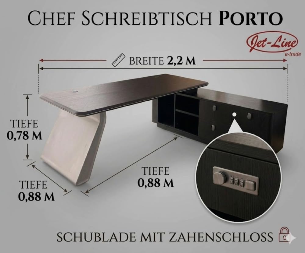 Jet-Line Chef Porto - Scrivania angolare da ufficio, 220 x 180 x 75 cm, con credenza e gestione dei cavi, colore: nero