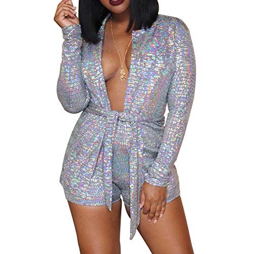 acelyn Women s 2 Piece Outfits - Sexy Long Sleeve Sequin Blazer Jacket + Shorts Suit Set Clubwear Silver Small