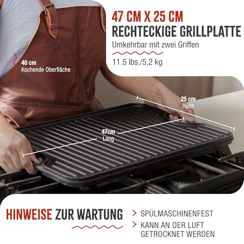 VICTORIA Grillplatte Emailliertes Gusseisen Grillpfanne 47 X 25cm Doppelseitig Verwendbar, für Feuer, Grill, Ofen, Vitrokeramik, Gas, Ohne Schadstoffe und PTFE