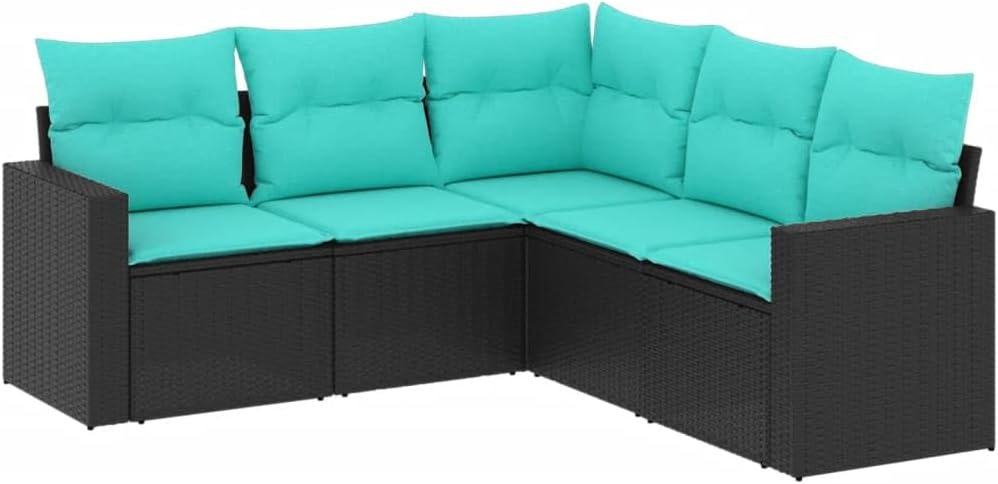 vidaXL Patio Sofa Set with Cushions 5 Piece Black Poly Rattan Modular Design - Outdoor, Garden, Terrace, Deck, and Backyard Furniture Set with Removable Covers