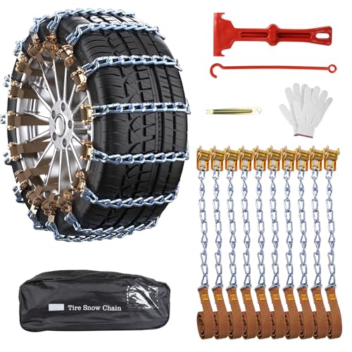 Oziral Chaînes à Neige 10 Pièces - Kit Complet avec Gants, Clé de Serrage et Sac de Rangement - Montage Facile et Durable pour Pneus 165-255 mm, Voiture, SUV, Camion
