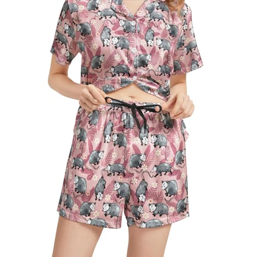 Image of Funny Satin Pajamas Set for Women Button Down Sleepwear Print Pjs Set 2 Piece Short Sleeve Loungewear Gift for Women
