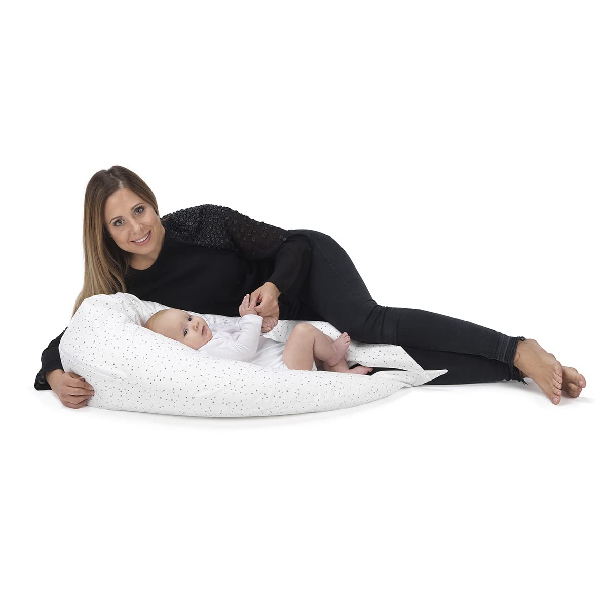 Cambrass-cojín Lactancia bebé en Forma de Media Luna-Almohada para Embarazadas-Almohada de Lactancia con Relleno de microperlas Que proporcionan un Mejor Descanso y Relax - Liberty Rosa 80x185x16 cm