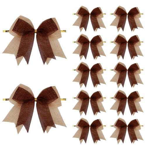 Meseey 12 Pcs Double-Layered Burlap Bows 4 Inch Hanging Bows Rustic Bow Decor for Christmas Trees Holiday Farmhouse Fall Wreath Decoration (Brown)