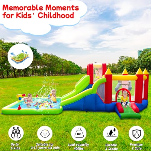 10-in-1 Inflatable Water Park - Giant Bounce House with 2 Water Slides, Big Splash Pool, Water Cannons, Climbing Wall, Tunnels & Obstacle Course for Endless Fun