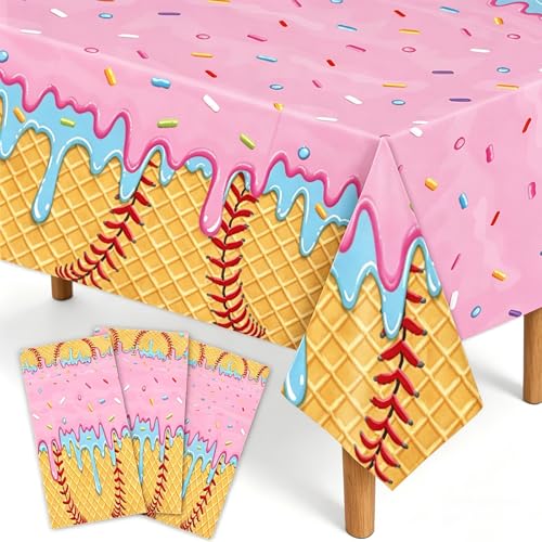 SMLAMANCA Ice Cream Drip Baseball Party Tablecloth, Plastic Cute Birthday