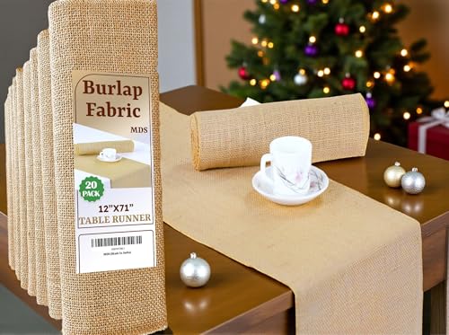 MDS Christmas Natural Burlap Table Runners - 20 Pack, 12 x 72 Inches - Rustic Jute Runners for New Year Party, Holiday Gathering, Harvest Dinner, Thanksgiving, Wedding, Farmhouse Vintage Decor