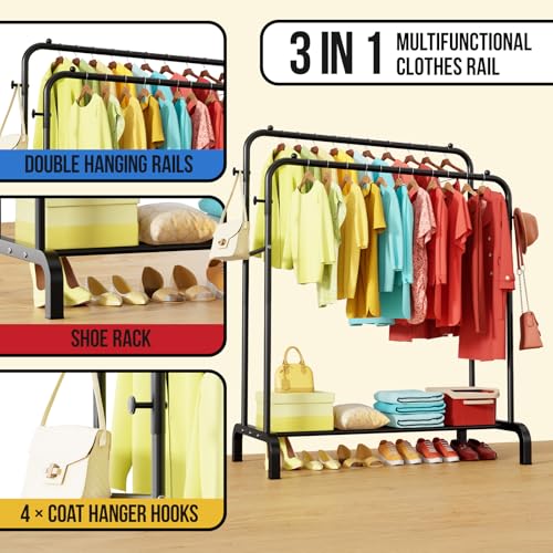 ZHKINGGS Clothes Rail: 80kg Capacity Metal Heavy Duty clothes rail, 4 Hooks for Bedroom/Laundry/Shop, Freestanding Wardrobe Organize - Image 2