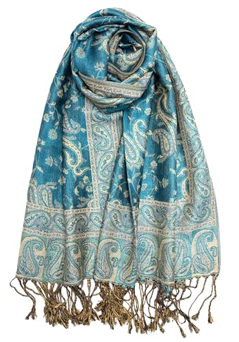 Achillea Soft Silky Reversible Paisley Pashmina Shawl Wrap Scarf w/Fringes (Teal 2)