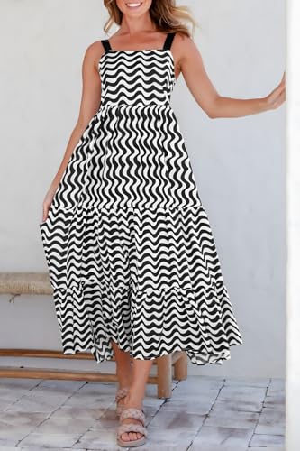 MITILLY Women Dresses 2024 Summer Striped Sleeveless Maxi Dress Casual Spaghetti Strap Flowy Beach Long Dress with Pockets Medium White