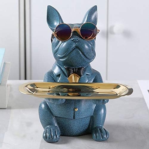 Resin Cool Dog Sculpture Bulldog Decorative Figurine Storage Tray Coin Bank Entrance Key Snack Holder Modern Art Statue Home Desktop Ornament Decoration(Blue)