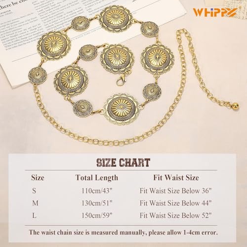Image of WHIPPY Western Metal Concho Belt for Women Vintage Cowgirl Boho Turquoise Chain Belts for Dresses Jeans