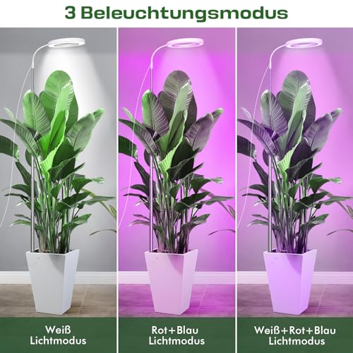 Pflanzenlampe LED Vollspektrum, 72 LEDs Grow Light für Zimmerpflanzen, 160cm Große Pflanzenlampe, 3 Farben LED Pflanzenlicht mit 360° Schwanenhals, 3/9/12H Timer, Höhenverstellbar, 10 Helligkeit