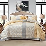 Quilt Queen Oversize, Queen Size Bed Quilt Set, Cotton Patchwork Yellow/Gray(Grey) Floral Reversible Quilt for The Queen Size Bed,Lightweight Farmhouse Bedspreads, Bedding Set 3 Pieces