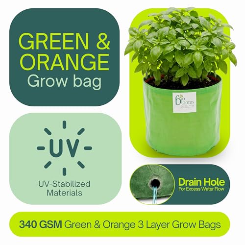 Image of Bio Blooms Round HDPE Plant Grow Bag for Terrace & Kitchen Gardening | Pack of 1 | 18x18 | 200 GSM Heavy Duty Outdoor Grow Bag | Durable Planter for Vegetables, Flowers & Plants | Green & Orange