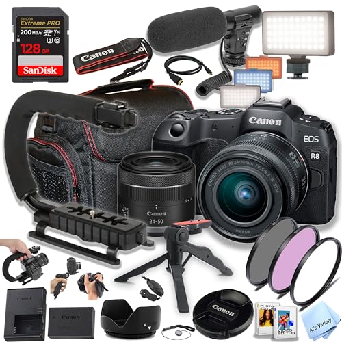 Canon EOS R8 24.2MP Full-Frame CMOS Sensor Mirrorless Camera with 24-50mm Lens, 128GB Extreme Speed Memory, Video Light, Microphone, Filters, U-Grip, Case, Software and More (Vlogger Bundle) (Renewed)