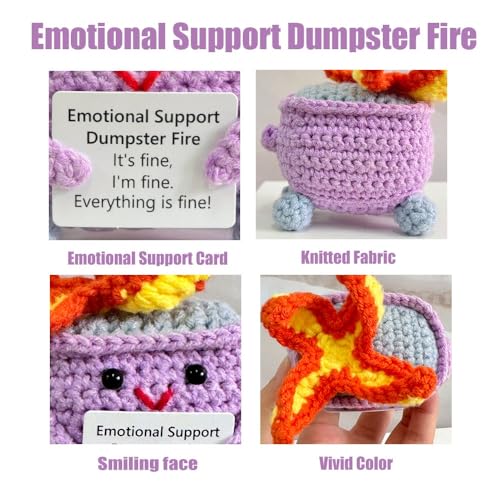Image of RovyFota Positive Crochet Dumpster Fire Plush - Stress Relief Amigurumi for Adults & Teens, Funny Desk Decor, Emotional Support Gift for Coworkers, College Students, Roommates (Purple)
