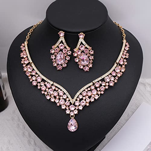Women's Statement Necklace Earrings Link Bracelet Set for Bride Austrian Crystal Wedding Bridal Costume Jewelry Sets3