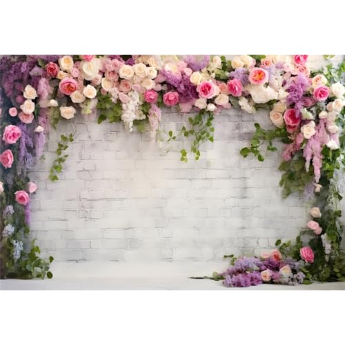 Xiaoterna 2,2x1,5m Toile de Fond Murale de Fleurs pour Mariage Mur de Briques Blanches Fond Photographique Floral Mur de Briques Rustique Fleurs colorées...